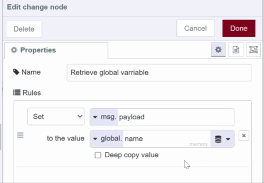 Screenshot showing how to retrieve global variable using the change node "Screenshot showing how to retrieve global variable using the change node"